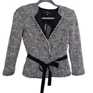 ANN TAYLOR Blazer Jacket Navy Tweed Fringe Career Ribbon Belt Cinch Size SP